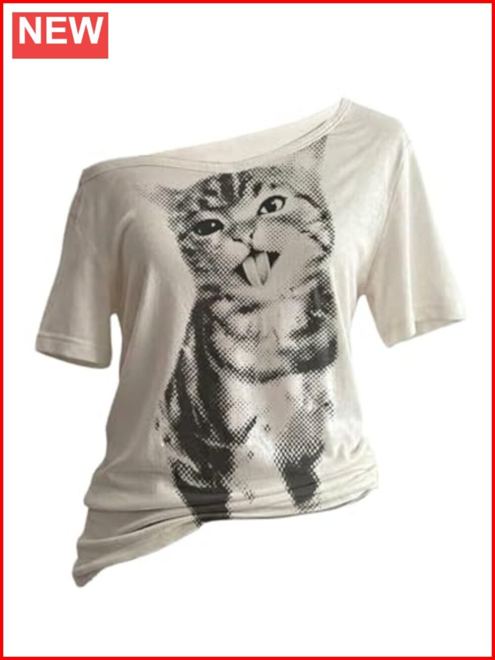 Off Shoulder Y2K Graphic Tee Oversized Funny Cat Tee